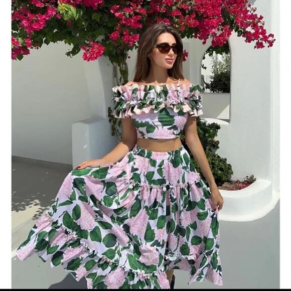 New Green Floral Print Beach Long Maxi Skirt Resort Casual Romantic Ruffle Top - Picture 1 of 16